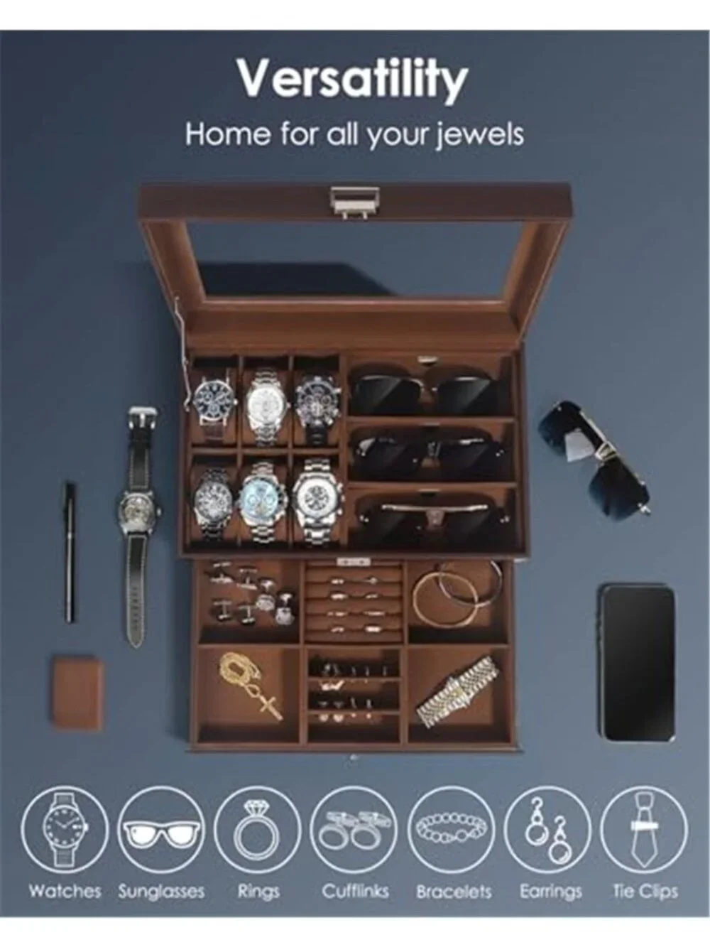 Watch Jewelry Box Organizer 6-Slot 2-Layer Watch Case and Sunglasses Storage